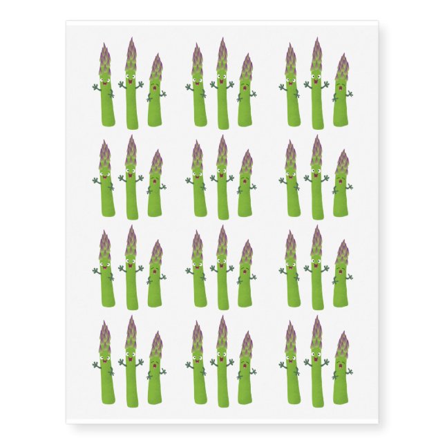 Cute asparagus singing vegetable trio cartoon temporary tattoos (Front)