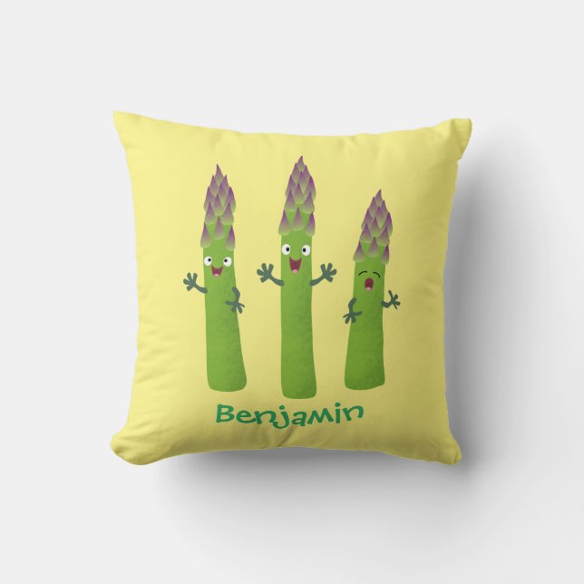 Cute asparagus singing vegetable trio cartoon throw pillow (Front)