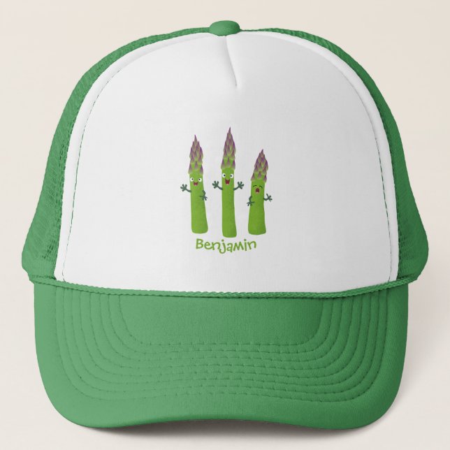 Cute asparagus singing vegetable trio cartoon trucker hat (Front)