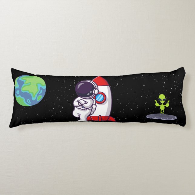Cute Astronaut & Alien Space Throw Pillow (Front)