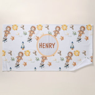 Cute Astronaut and Adorable Space Adventure Beach Towel