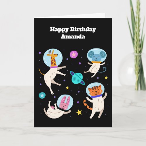 Cute Astronaut Animals Floating in Space Birthday Card
