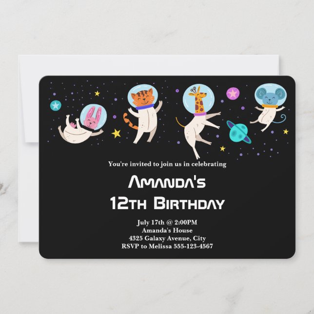 Cute Astronaut Animals Floating in Space Birthday Invitation (Front)