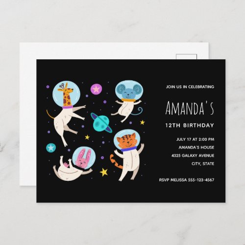 Cute Astronaut Animals Floating in Space Birthday Invitation Postcard