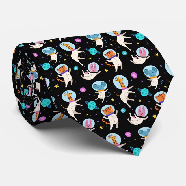 Cute Astronaut Animals Floating in Space Patterned Neck Tie (Rolled)