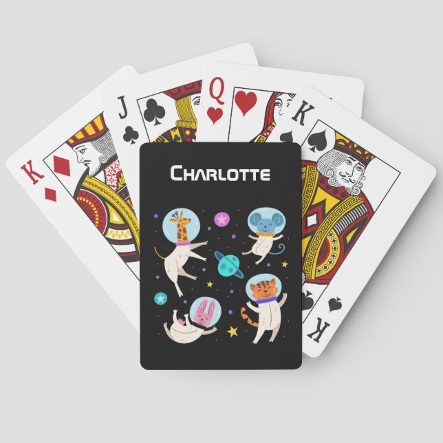 Cute Astronaut Animals Floating in Space Poker Cards (Back)