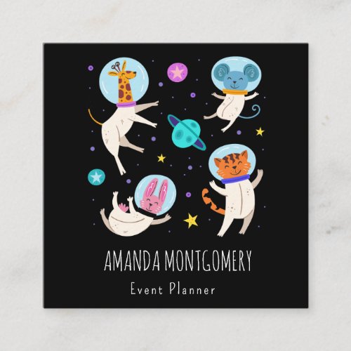 Cute Astronaut Animals Floating in Space Square Business Card