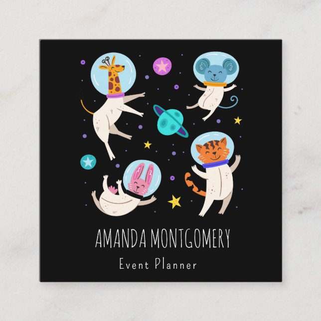 Cute Astronaut Animals Floating in Space Square Business Card (Front)