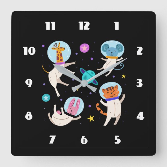 Cute Astronaut Animals Floating in Space Square Wall Clock (Front)
