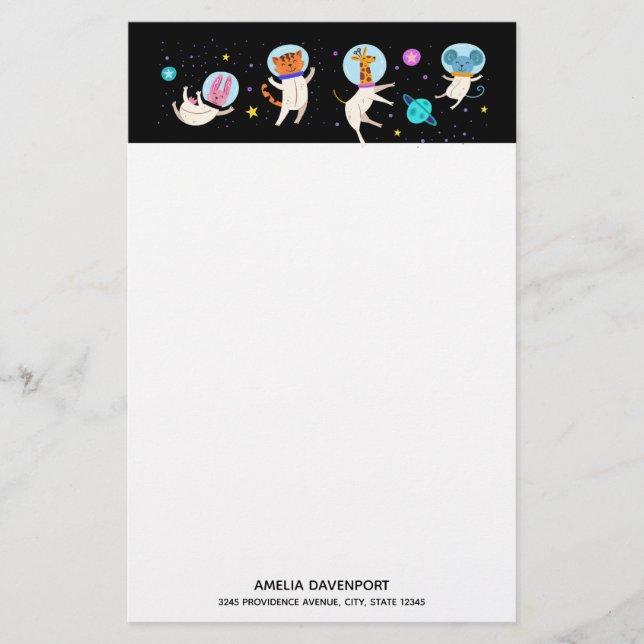 Cute Astronaut Animals Floating in Space Stationery (Front)