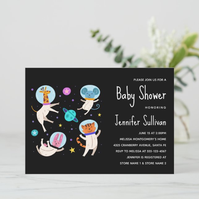 Cute Astronaut Animals in Space Baby Shower Invitation (Standing Front)