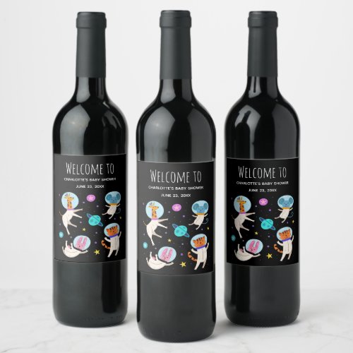 Cute Astronaut Animals in Space _ Event Welcome Wine Label