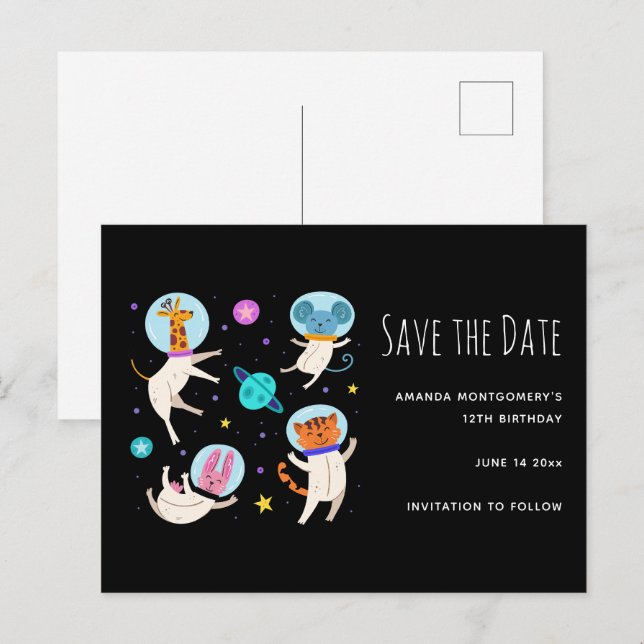 Cute Astronaut Animals in Space Save the Date Invitation Postcard (Front/Back)