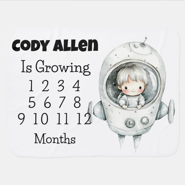 Cute Astronaut Baby Milestone Personalized Baby Blanket (Horizontal)