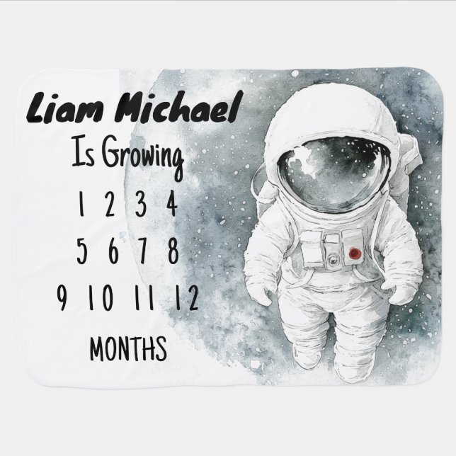 Cute Astronaut Baby Milestone Personalized Baby Blanket (Horizontal)