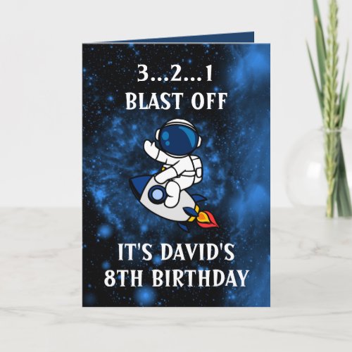 Cute Astronaut Blue Black Galaxy 8th Birthday Card