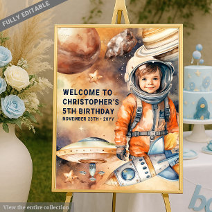 Cute Astronaut Boy Birthday Party Welcome Sign