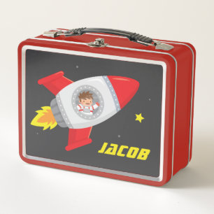 Cute Astronaut Boy In Space Rocket Kids Name Metal Lunch Box