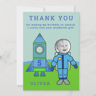 Cute Astronaut Boy Rocket Birthday Your Photo Thank You Card