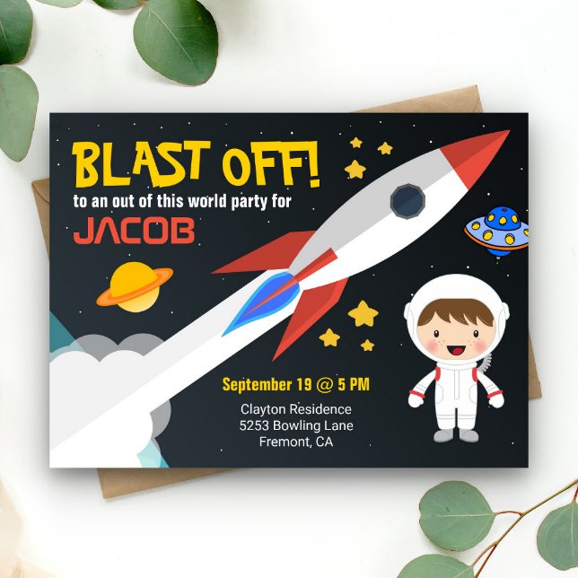 Cute Astronaut Boys Outer Space Birthday Party Invitation Postcard