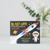 Cute Astronaut Boys Outer Space Birthday Party Invitation Postcard (Standing Front)