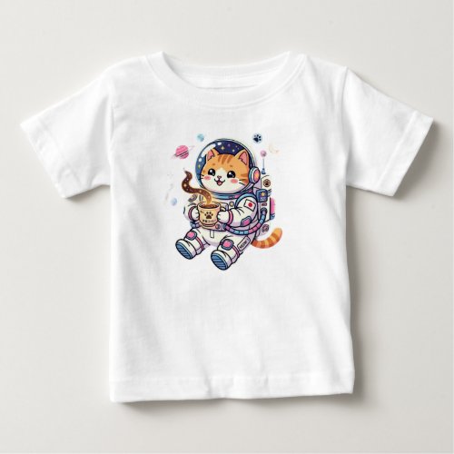 Cute Astronaut Cat Drinking Coffee In Space Kawaii Baby T-Shirt