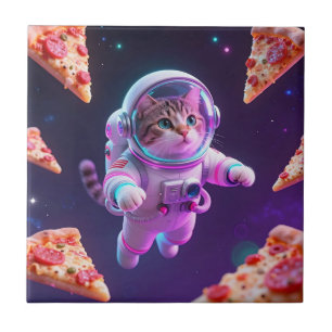 Cute Astronaut Cat Floating Pizza Space Adventure Ceramic Tile