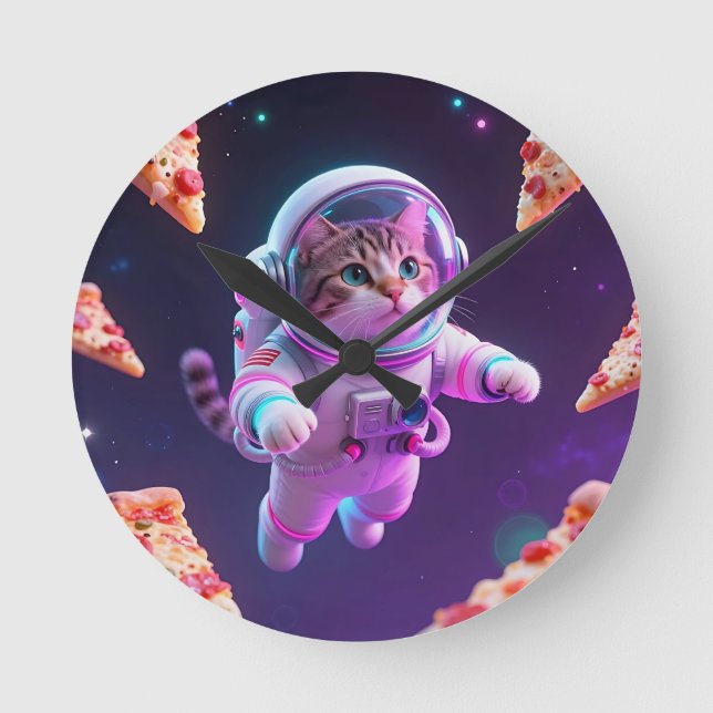 Cute Astronaut Cat Floating Pizza Space Adventure Round Clock (Front)