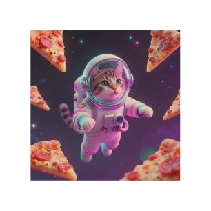 Cute Astronaut Cat Floating Pizza Space Adventure Wood Wall Art
