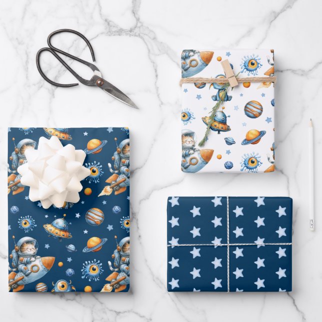 Cute Astronaut Cat Galaxy Pattern Navy Blue Space Wrapping Paper Sheets (Front)