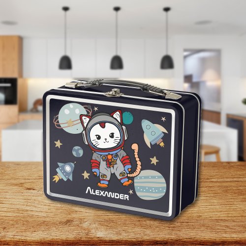 Cute astronaut cat in space  metal lunch box