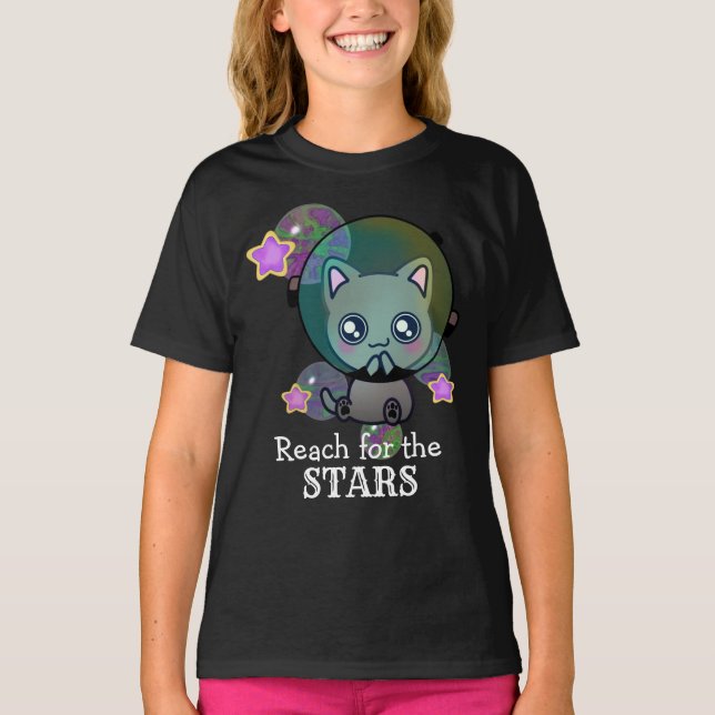 Cute Astronaut Cat in Space with Stars T-Shirt (Front)