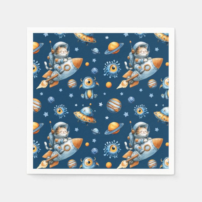 Cute Astronaut Cat Outer Space Galaxy Pattern  Napkins (Front)