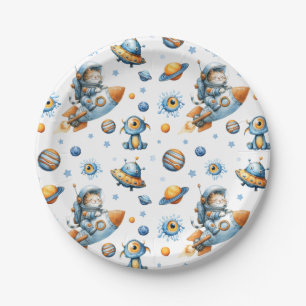 Cute Astronaut Cat Outer Space Pattern Galaxy Paper Plates