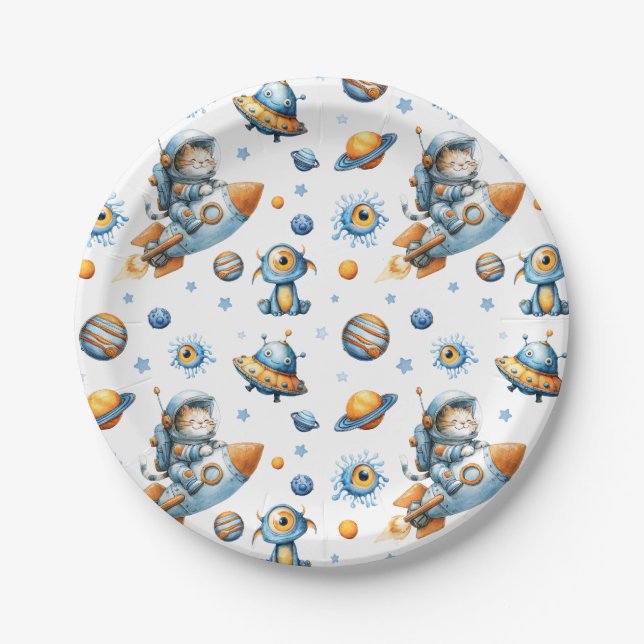 Cute Astronaut Cat Outer Space Pattern Galaxy  Paper Plates (Front)