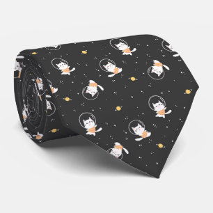 Cute astronaut cat pattern with black background neck tie