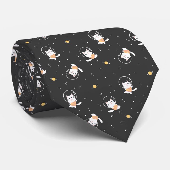 Cute astronaut cat pattern with black background neck tie (Rolled)
