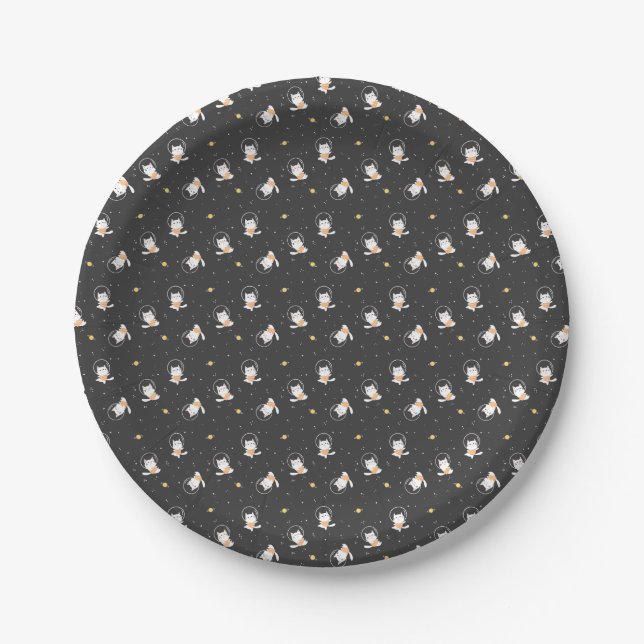Cute astronaut cat pattern with black background paper plates (Front)