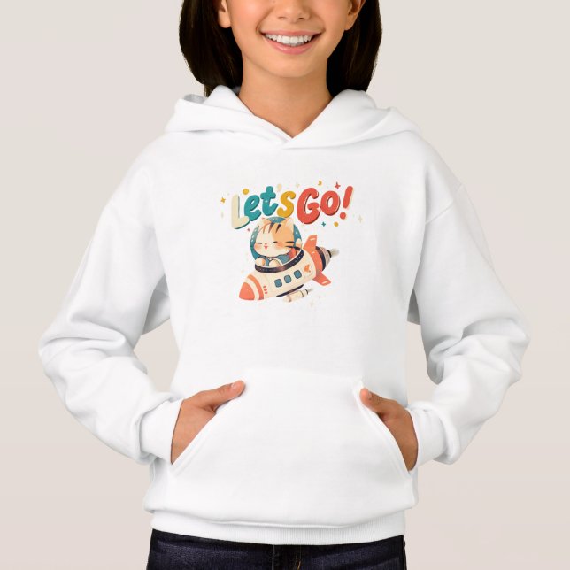 Cute astronaut cat riding rocket in space hoodie (Front)
