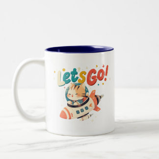 Cute astronaut cat riding rocket in space Two-Tone coffee mug