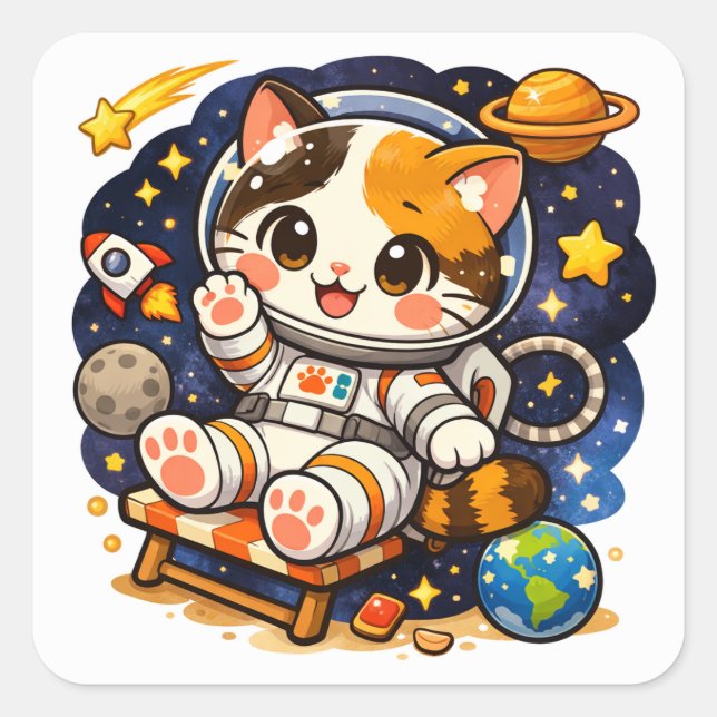 Cute Astronaut Cat | Space Cat Illustration Square Sticker (Front)