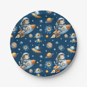 Cute Astronaut Cat Space Galaxy Pattern Navy Blue  Paper Plates