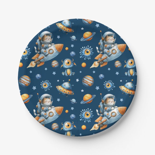 Cute Astronaut Cat Space Galaxy Pattern Navy Blue  Paper Plates (Front)