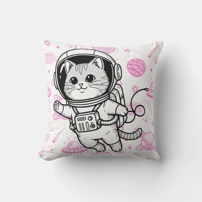 Cute Astronaut Cat Space Pattern Personalized Kids Throw Pillow (Front)