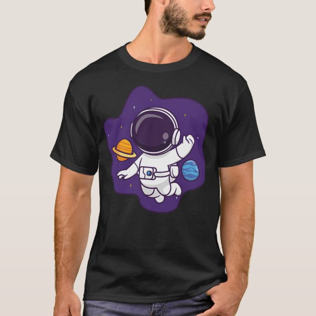 Cute Astronaut Floating In Space With Planet T-Shirt (Front)