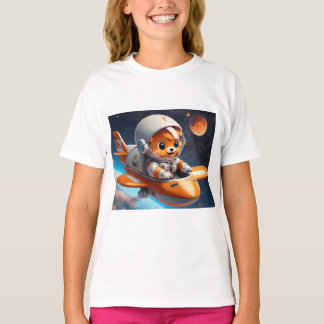 Cute Astronaut Flying with Plane Orange and Gray T-Shirt