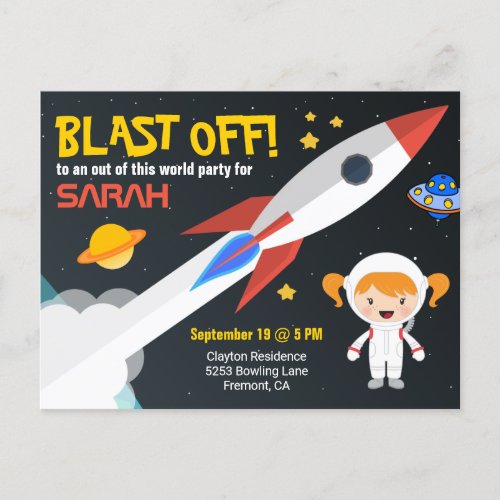 Cute Astronaut Girls Outer Space Birthday Party Invitation Postcard