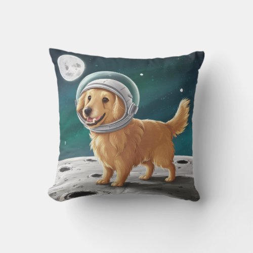 Cute Astronaut Golden Retriever Dog on Moon Throw Pillow