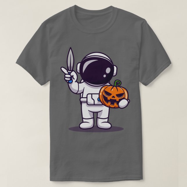 Cute Astronaut Holding Knife And Pumpkin Cartoon T-Shirt (Design Front)