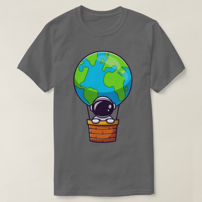 Cute Astronaut In Hot Air Balloon Earth T-Shirt (Design Front)